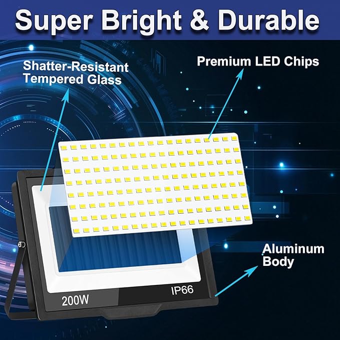 2-Pack 200W LED Flood Light Outdoor, 20000LM Bright Plug-in Flood Lights with Switch, IP66 Waterproof Exterior Security Lights, LED Work Light for Garage, Yard, Garden, Playground, Stadium, Arena