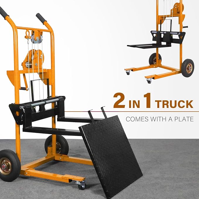 Material Lift Winch Stacker, 440 lbs Capacity Table Cart, 35.4" Lifting Height Manual Forklift Stacker, Pallet Jack Truck Dolly with Swivel Casters and Lift Plate (Yellow)