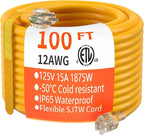 HUANCHAIN 100 ft 12/3 Gauge Heavy Duty Outdoor Extension Cord Waterproof with Lighted, Flexible Cold Weather 3 Prong Electric Cord Outside, 15A 1875W 125V 12AWG SJTW, Yellow, ETL Listed