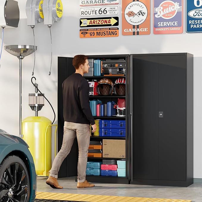 Metal Garage Storage Cabinets with Lock, 72" Tall Tool Cabinet with 2 Door and 5 Adjustable Shelves, Locking Garage Cabinets and Lockable Steel Locker for Home Office Warehouse - (Black-72”H)