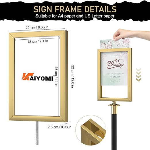 kaiyomi 6Pcs Stanchions Posts Velvet Ropes with Red Carpet and Sign Frame, Water or Sand-Fillable Base, Suitable for 8.5" x 11" A4 Paper Size Sign Frame for Red Carpet Party Decoration (Black&Golden)