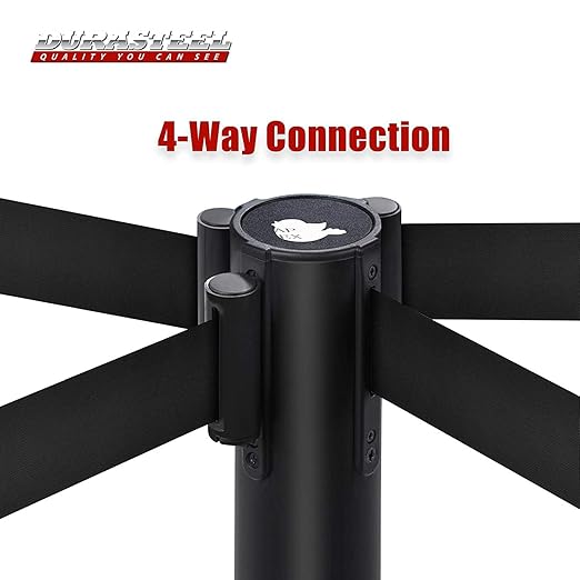 DuraSteel Black Crowd Control Barriers Stanchions with Retractable Belts - Metal Stanchion Posts w/ 6.5ft Black Retractable Barrier Belt Ropes - Queue VIP Safety Line Dividers - Set of 2 Stantions