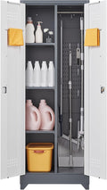 FLEXIMOUNTS 65'' Tall Metal Storage Cabinet with Locking Door, Large Cleaning Tool Organizer for Brooms, Garage, Laundry Room, Bathroom, Grey-White
