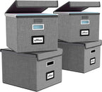 Huolewa File Organizer Box with Lid, Collapsible File Folder Organizer for Office Document Storage, Filing Box with Plastic Slide for Letter/Legal Size Hanging Files, Dark Grey