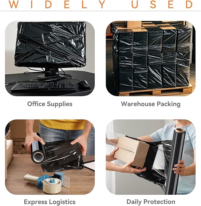 18" x 1500' Stretch Film Shrink Wrap Roll - Black Plastic Wrap for Moving, Heavy Duty 80 Gauge, 600% Stretch for Packing, Pallets, Shipping&Furniture Protection with Handles(4 Rolls)