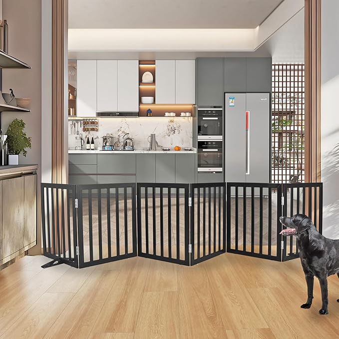 ZJSF Freestanding Indoor Dog Gate for House Foldable Wood Puppy Gate for Doorways Pet Gate for Stairs Extra Wide Pet Fence, Black, 24" Height 6 Panels