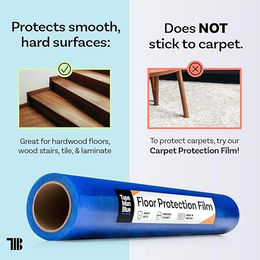 TapeManBlue Floor Protection Film, 36" x 200', Made in USA, Blue Self Adhesive Floor Protector Tape for Moving, Painting and Construction, Temporary Covering to Shield Hardwood, Tile, Hard Surfaces