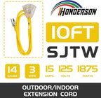 3-Outlets Indoor Outdoor Extension Cord Weatherproof with Lighted End, UL Listed, 14 Gauge 10FT Yellow 3 Prong Heavy Duty, 14/3 SJTW 15A Extension Cord