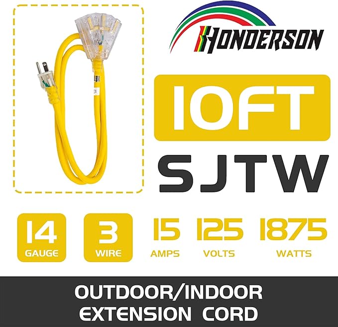 3-Outlets Indoor Outdoor Extension Cord Weatherproof with Lighted End, UL Listed, 14 Gauge 10FT Yellow 3 Prong Heavy Duty, 14/3 SJTW 15A Extension Cord