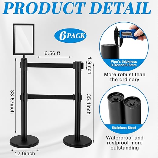 Geelin 6 Pack 6.6ft Heavy Duty Crowd Control Stanchions Stainless Steel Stanchion Set with Safety Barrier Post with Retractable Belt and Sign Holder Crowd Control Barrier