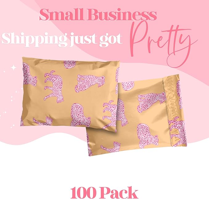 10x13 Designer Poly Mailer 100 Pack Heavy Duty Waterproof Self Seal Shipping Bags for Small Business Large Mailing Envelopes Bulk Tear Resistant Packaging Pink Orange Leopard