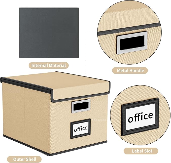 Huolewa File Organizer Box with Lid, Collapsible File Folder Organizer for Office Document Storage, Filing Box with Plastic Slide for Letter/Legal Size Hanging Files, Brown, 2 Pack