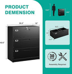 SISESOL 3 Drawer Lateral File Cabinet with Lock,Black Lateral Filing Cabinet,Horizontal Metal Filing Cabinet,Locked Wide Three Drawer File Cabinet for Office Home,Fit A4/F4/Letter/Legal File