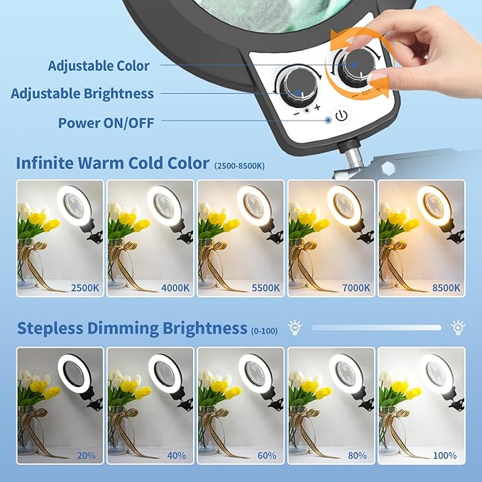HITTI 12X Extra Long Magnifying Glass with Light, Upgrade Infinite Color and Brightness LED Desk Lamp with Clamp, Hands Free 3 Section Magnifier Light and Stand for Workbench Crafts Reading Painting