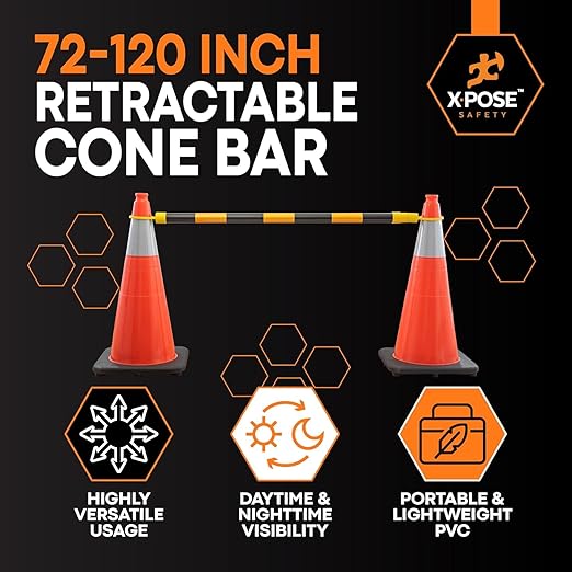 Retractable Barrier for Safety Traffic Cones - 2" OD - Large Yellow and Black Bar Barricade - for Road Construction, Parking, Warning, Temporary Security Divider (720, Yellow & Black, 72" x 120")