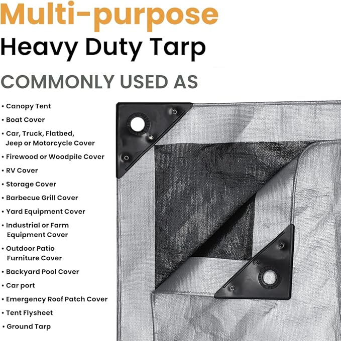 WHITEDUCK Super Heavy Duty Poly Tarp Cover 16 Mil & 10 Mil with Grommets and Reinforced Edges (Brown, White & Silver Black) (Silver Black- 16 Mil, 20' x 20')
