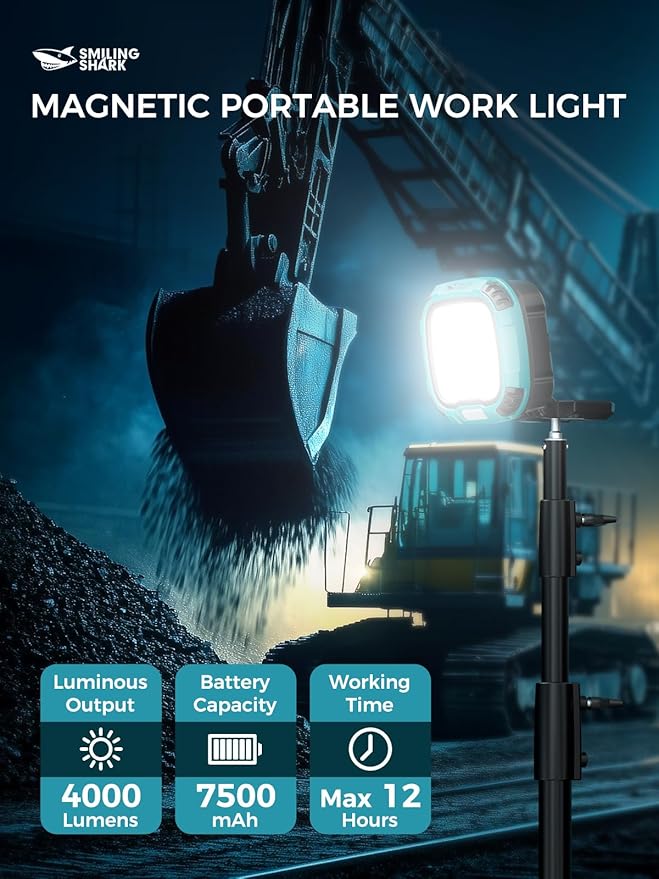 Smiling Shark Working Lights, 7500mAh Rechargeable LED Work Light 4000 Lumen 18 Light Mode Portable Magnetic Waterproof Drop Resistant Cordless Worklight Job Site Lighting for Garage Repair Camping