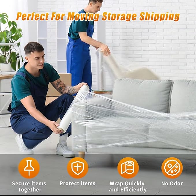 Stretch Film Shrink Wrap for Moving Supplies (15inch, 1 Pack) x 1000ft, Industrial Strength Plastic Wrap Stretch Roll for Pallet Wrapping Shipping Moving Boxes Storage Furniture with Handles, Clear