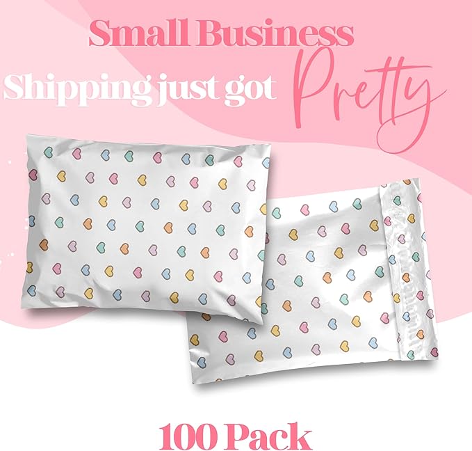10x13 Designer Poly Mailer 100 Pack Heavy Duty Waterproof Self Seal Shipping Bags for Small Business Large Mailing Envelopes Bulk Tear Resistant Packaging Preppy Hearts