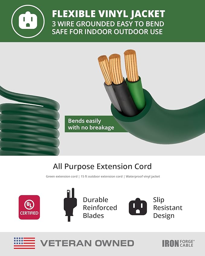 Pack of 2 Outdoor Extension Cords, 15 FT ea - 16/3 Durable Green 3 Prong Extension Cord Pack