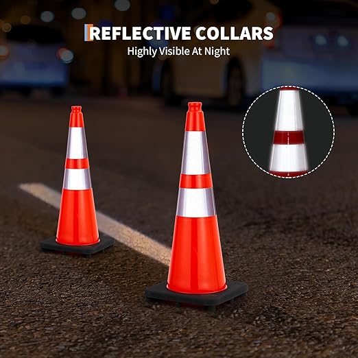 6 Pack 28 Inch Traffic Safety Cones - Parking Cones with Heavy Black Base and Reflective Collars, Orange Safety Cones for Parking Lot, Construction Work, Road Safety Control