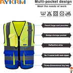 SMALL High Visibility REFLECTIVE Safety Vest Yellow Blue with 4 Reflective Strips 7 Pockets
