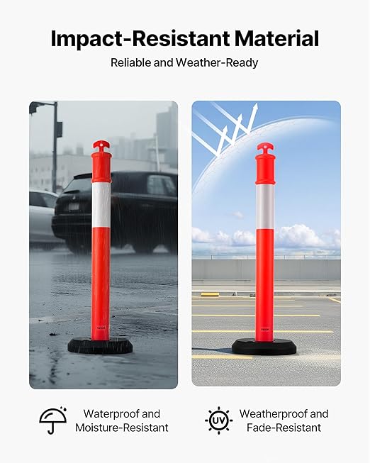 VEVOR 3 Pack Traffic Delineator Posts, 48 inches Traffic Safety Cones with Fillable Base and Reflective Strips, Heavy Duty Delineator Posts for Construction Site, Parking Lot, Crowd Control, Red