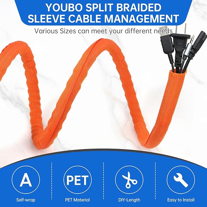 Split Braided Cable Sleeve，Flexible Wire Loom Tubing, Automotive Cord Protector Pet Proof, Cable Management for Computer TV Electric Wires Harness 16ft (Orange, 16mm（5/8")