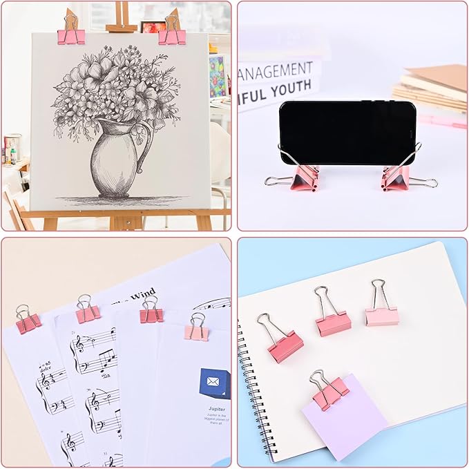 Temiary Aesthetic Binder Clips, 12 Pcs 2 Inches Small Metal Binder Clip with Clear Storage Container, Binding Paperwork Clamps for School Teachers Office Supplies (Pink)