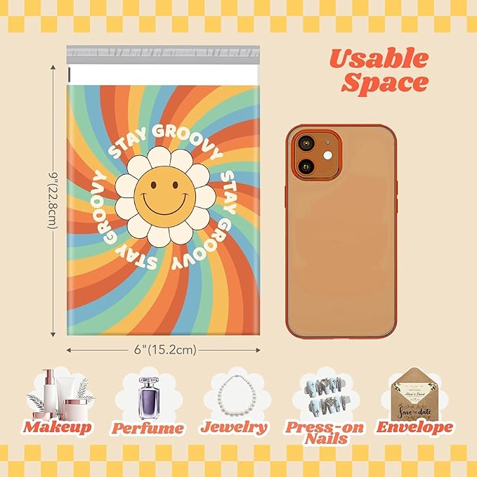 Metronic Cute Poly Mailers 6x9" 1200pc Shipping Bags for Clothes,Self Adhesive Shipping Envelopes for Small Business,Waterproof Mailers Poly Bags for Shipping,Packaging Mailing Bags Rainbow Smile Face
