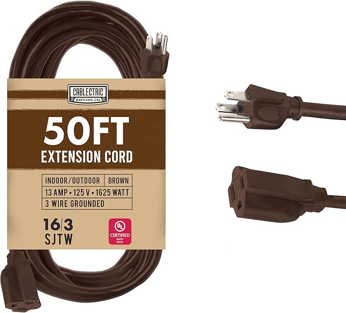 Brown Outdoor Extension Cord 50 ft, 16/3 Heavy Duty Cable with 3 Prong Grounded Plug, 13 AMP for Garden, Lawn, Landscaping, Tools & Appliances, 50 ft Extension Cord 3 Prong