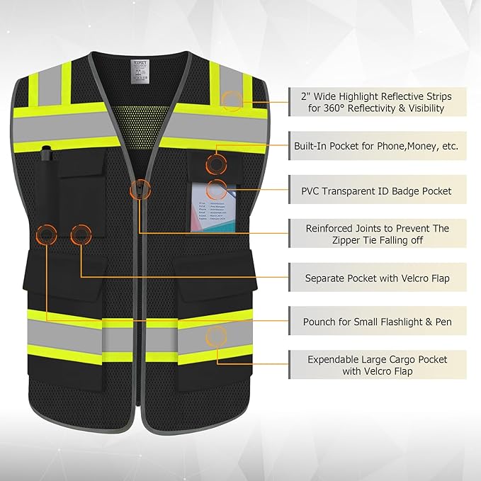 TCCFCCT Reflective Safety Vest 5 Pockets Mesh High Visibility Vest for Men Women, Hi Vis Construction Work Vest with Fluorescent Orange Edge, Durable with Reinforced Sewing, Meet ANSI/ISEA, DW-Black, S