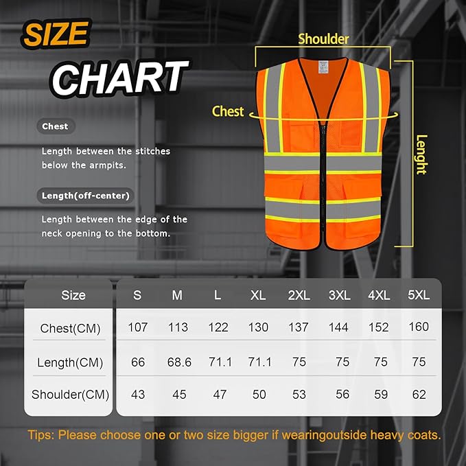 Safety Vest for Men Women 5 Pockets High Visibility Vest with Reflective Strips, Hi Vis Vest with Mesh Fabric, Breathable, (GR720-Orange,L).