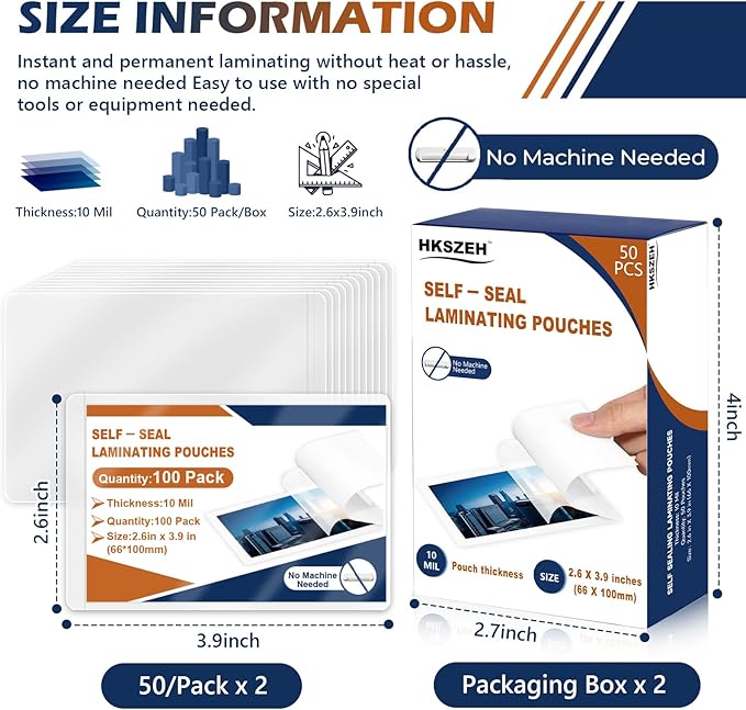 100 Pack 10 Mil 2.6"x3.9" Self Sealing Laminating Pouches Plastic Laminating Sheets Business Card Size Clear Lamination Paper for Office School Home Supplies Glossy Finish(No Laminator Need)