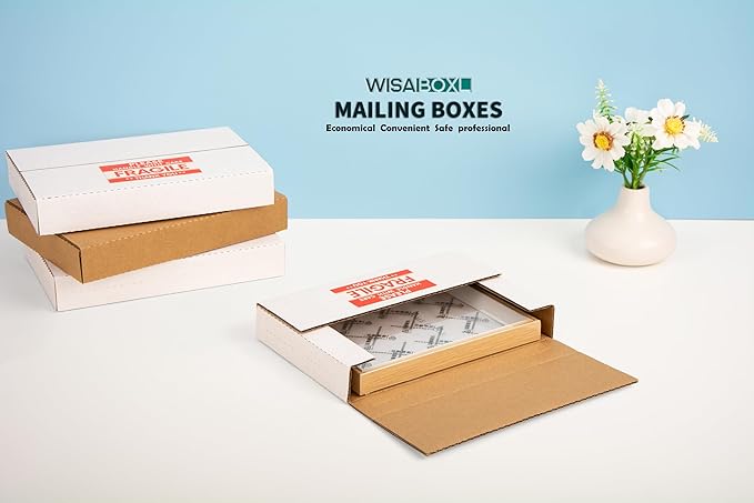 9x6x1.3 inch Shipping Boxes, Easy-Fold Multi-Depth DVD Mailer Box with Fragile Stickers for Mailing, Storing, Package, Gifts, Crafts, Business or Home, White, 25 Pack