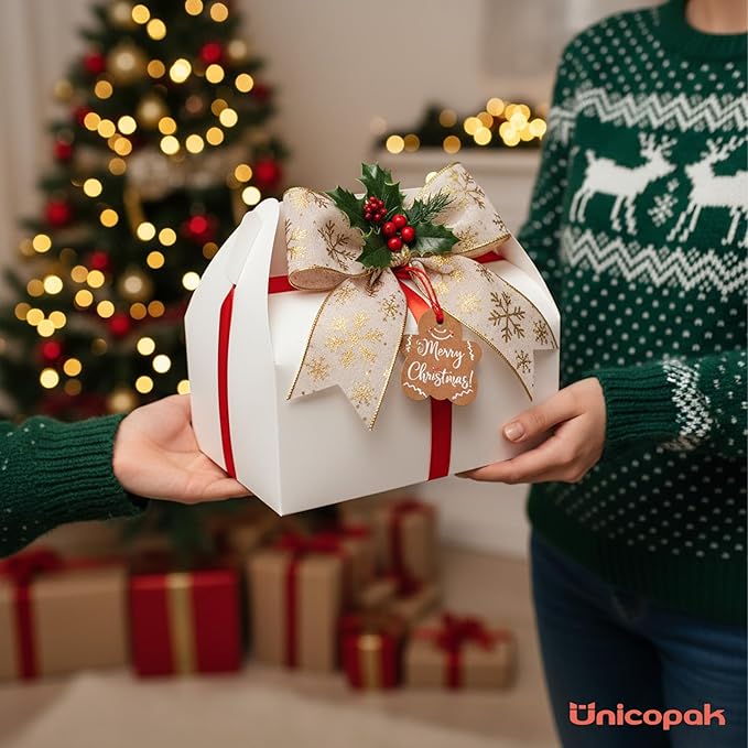 UnicoPak 5 Pack 10x7x7.5 Extra Large Gable Boxes, White Gift Boxes with Handle Lunch Boxes To Go for Birthday Wedding Party Favors Picnic Welcome