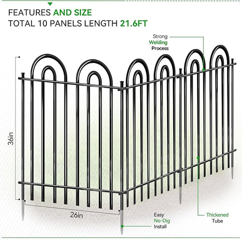 10 Panels Garden Tube Fence with Gate, 36in(H)×21.6ft(L) Tall No Dig Fence Animal Barrier, Heavy Duty Metal Decorative Garden Edging Border, Ground Defense Temporary Fencing for Outdoor Yard, Black