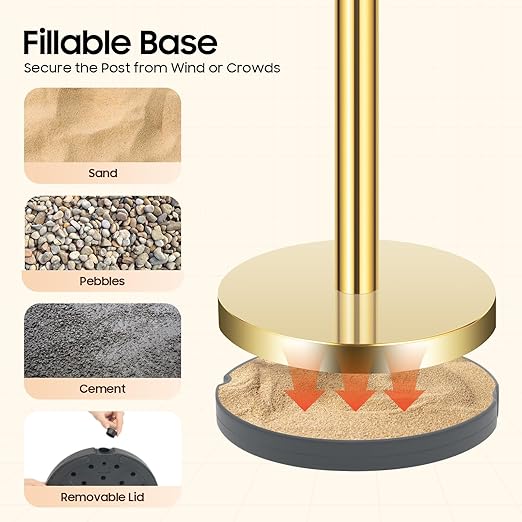 6Pcs Gold Stanchion Posts with Red Velvet Ropes, Crowd Control Barriers, Stainless Steel Queue Poles with 4-Way Connectors & Fillable Weighted Bases for Events, Parties & Venues