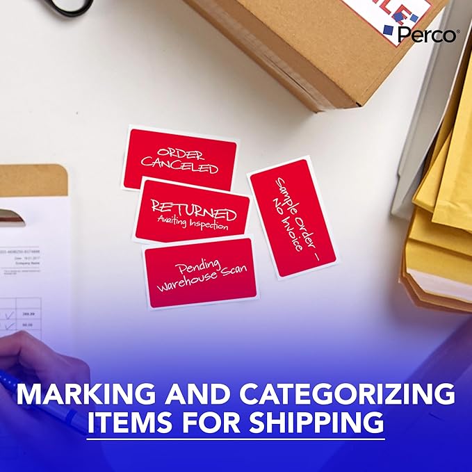 Perco Red Labels 3x5 Inch 500 Stickers/Roll with Easy Peel Perforation and Strong Adhesion for Inventory Management, Color Coding, Moving Boxes, Retail, Organizing & Crafts – Made in USA