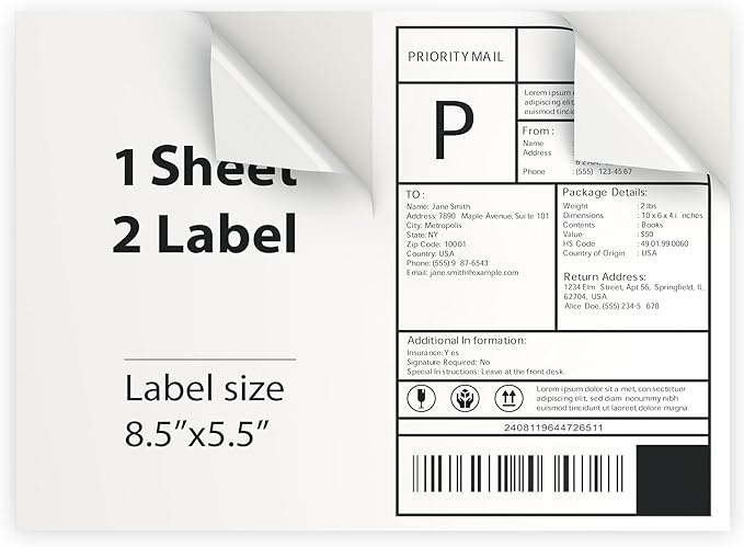 2000 Sheet (4000 Labels) | 8.5" x 11" 2 UP Half Sheet Self Adhesive Shipping Labels for Laser & Inkjet Printers | Ecommerce, Address, Mailing, Labeling, Packaging