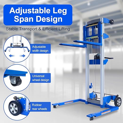 70" 500lbs Material Lift Winch Stacker, Hand Winch Lift Truck with Adjustable Straddle Leg, Manual Material Lifter Pallet Stacker for Contractor, Workshop, Industrial, 42.90" L x 43.30" W
