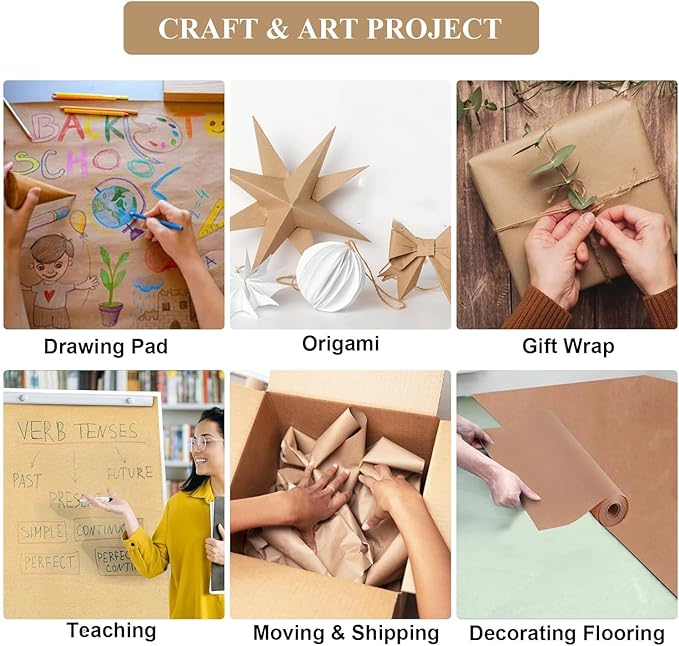 Brown Wrapping Paper Roll 24"x 2400" Craft Packing Paper for Moving Shipping, Gift Wrapping Paper, Bulletin Board Kraft Paper for Table Covering Poster Paper