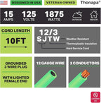 12 Gauge Extension Cord 10 ft for Outdoor - 12/3 Heavy Duty Extension Cord 10 Foot 3 Prong Grounded Plug 15 Amp, Neon Green High Visibility Electric Cable Great for Major Appliances