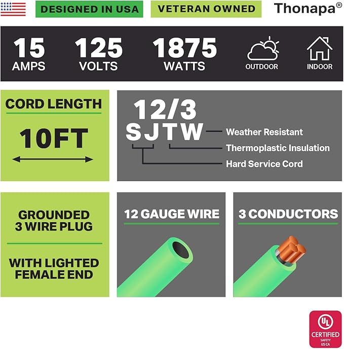 12 Gauge Extension Cord 10 ft for Outdoor - 12/3 Heavy Duty Extension Cord 10 Foot 3 Prong Grounded Plug 15 Amp, Neon Green High Visibility Electric Cable Great for Major Appliances