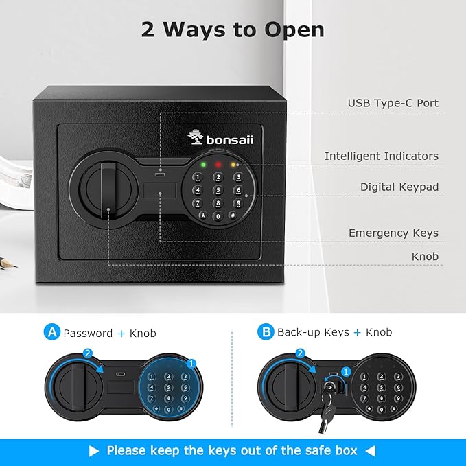 Bonsaii Safe Box with Electronic Keypad, Steel Security Lock Box with Key, 0.23 Cubic Feet, 9.06" W x 6.69" D x 6.69" H, Small Hidden Safe for Cash Jewelry