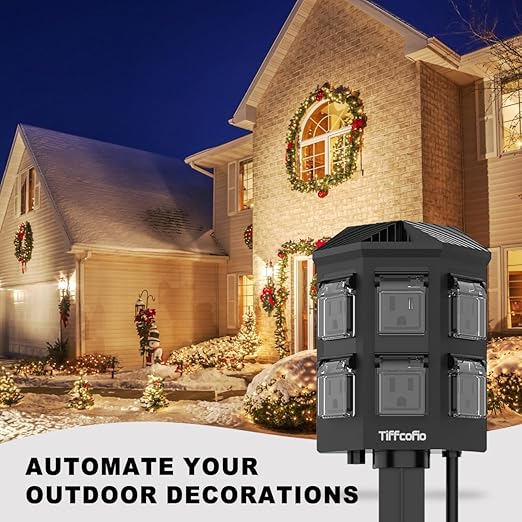 TiFFCOFiO Outdoor Power Strip Waterproof, 24 Hour Mechanical Timer, 50 ft Extension Cord, 6 Grounded Outlets for Outdoor Lights, ETL Listed (50 FT)