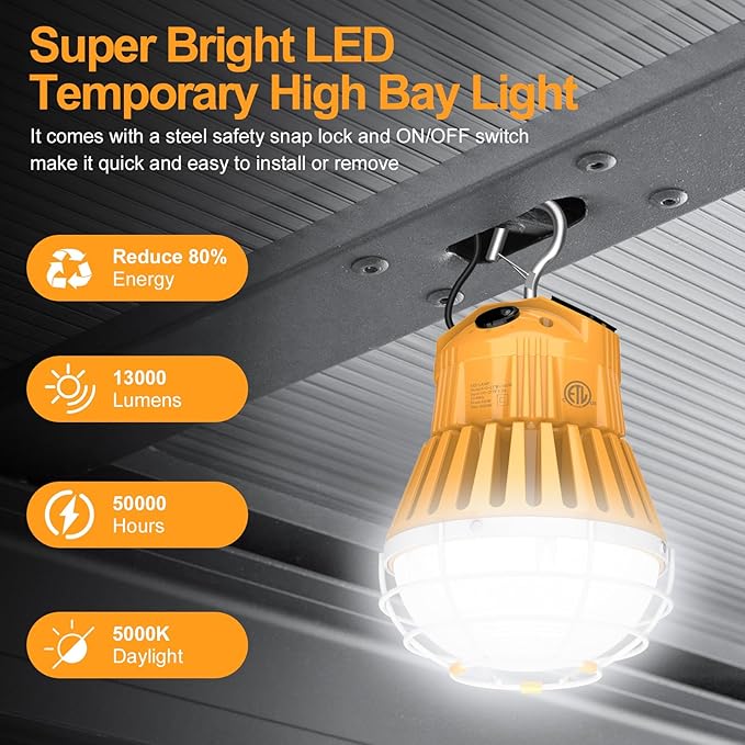 100W/80W/60W LED Temporary Construction Lights - Linkable Work Light Stainless Steel Protective Cage Jobsite Light for Repair Area Bench, Portable Hanging Work Construction Light Input 100~277VAC
