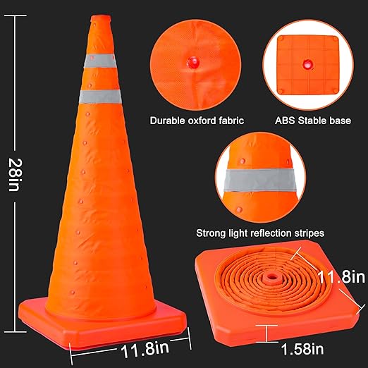 [6 Pack]28 Inch Collapsible Traffic Safety Cones - Parking Cones with Reflective Collars, Orange Safety Cones for Parking lot, Driveway, Driving Training etc.