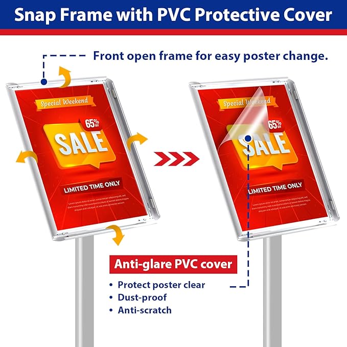 Pedestal Sign Holder 11x17inch Adjustable Floor Stand With Heavy Base & Snap Frame Display for Indoor Outdoor Business Store Poster (Silver)