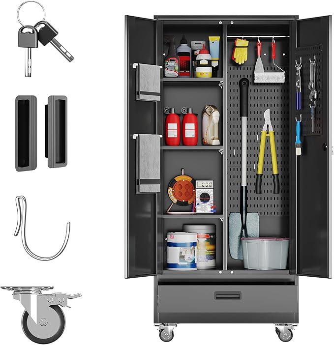 Broom Closet Storage Cabinet with Wheels and Drawer,Garage Storage Cabinet with Magnetic Doors,Pegboard and Adjustable Shelves for Garage Home Office,Required Assembly,Black